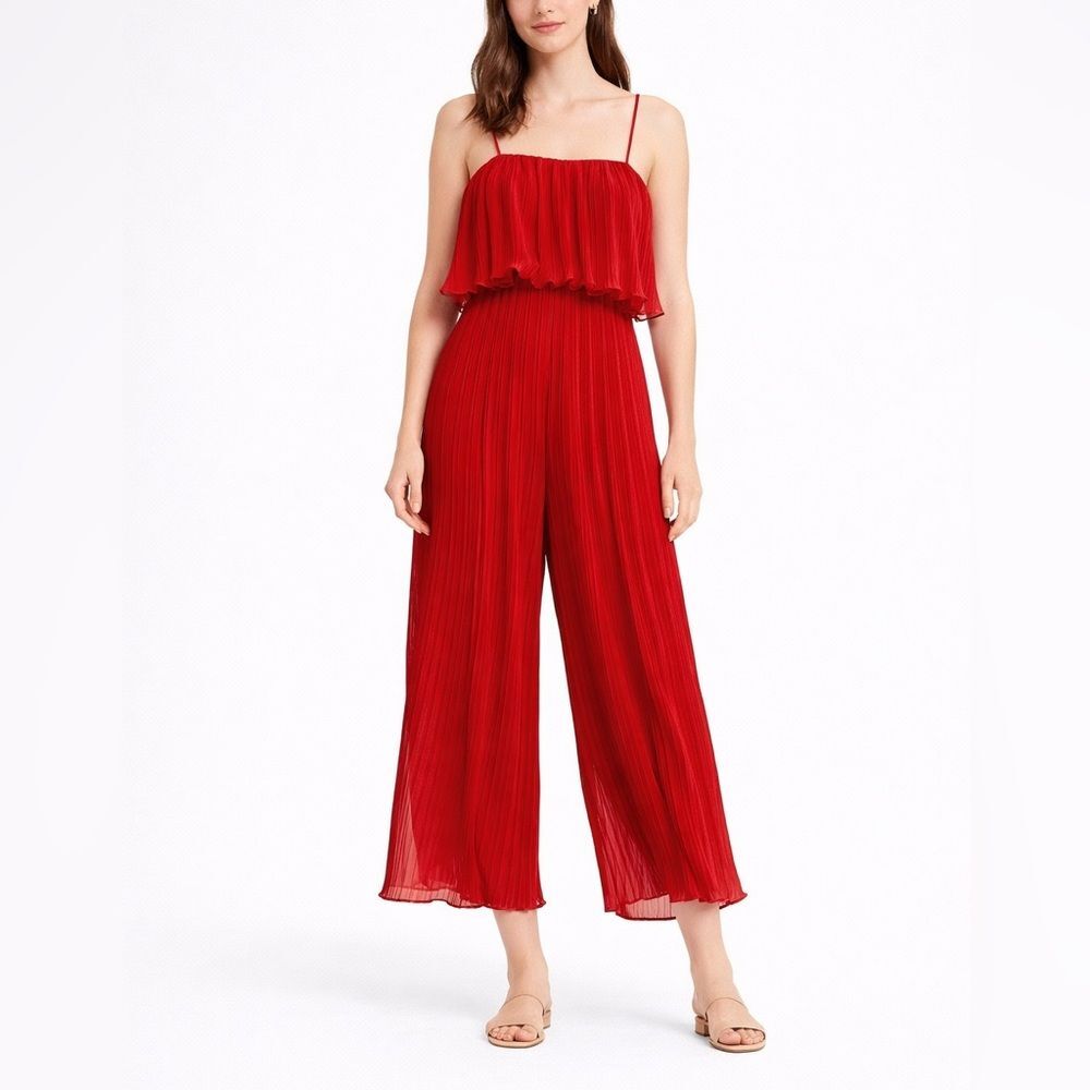 Zara Pleated Jumpsuit Women's XS Red Wide Leg Party Vacation Flowing Elegant